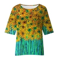 Gotyou ženska pamučna posteljina Ljetna majica cvjetni print rukav posada vrat osnovne labave bluze tunika zelena