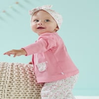 Just Born® Organic Baby Girl Cardigan, hlače i set za glavu, 3-komad