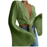 Wendunide kapuljače za žene modno modno Čvrsti zvonasti rukavi naplaćeni šifnski košulja s kardiganom Top Green