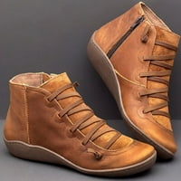 Ženske ležerne ravne kožne retro čipke čizme bočne patentne zatvarače Okrugli nožni čizmi za cipele smeđe 39