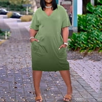 Ženske haljine veličine plus, ležerna haljina s izrezom i džepom do koljena, zelena