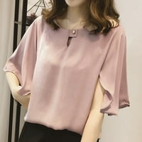 Xinqinghao Žene čvrste boje posada obrezane majice plus veličina ruffle kratki rukavi labavi vrhovi ružičasti