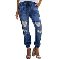 Ženske hlače s poderanim džepovima, traper vezica s elastičnim pojasom, Ležerne hlače s opranom vezicom 96 94488275